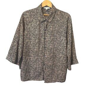 Dana Buchman Women's Size Large Black Tan Print Button Front Blouse Long Sleeve